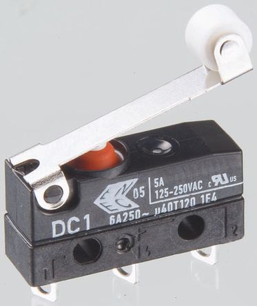 DC1C-A1RC, ZF SPDT-NO/NC Roller Lever Microswitch, 6 A @ 250 V ac, Микропереключатель