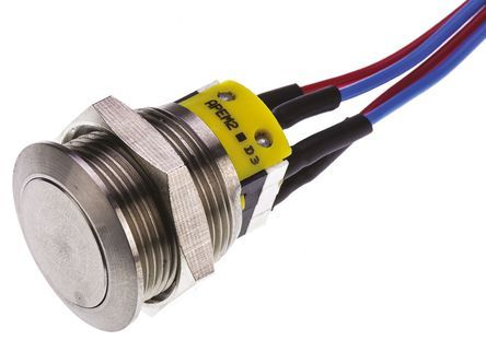 AV19LP40904, APEM Single Pole Double Throw (SPDT) Momentary Push Button Switch, IP65, 19.2 (Dia.)mm, Panel Mount, 125/250V ac, Кнопочный переключатель