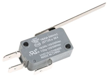 V15T16-CZ100A03, Honeywell SPDT-NO/NC Long Leaf Lever Microswitch, 16 A @ 250 V ac, Микропереключатель