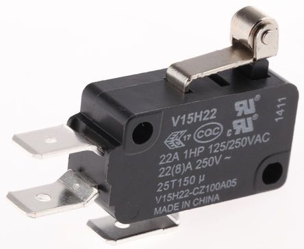 V15H22-CZ100A05, Honeywell SPDT-NO/NC Short Roller Lever Microswitch, 22 A @ 250 V ac, Микропереключатель