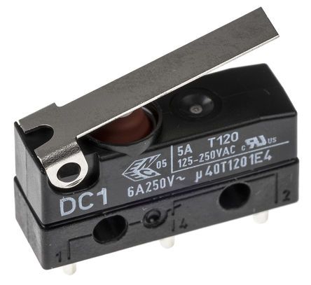 DC1C-A1LB, ZF SPDT-NO/NC Short Lever Microswitch, 6 A @ 250 V ac, Микропереключатель