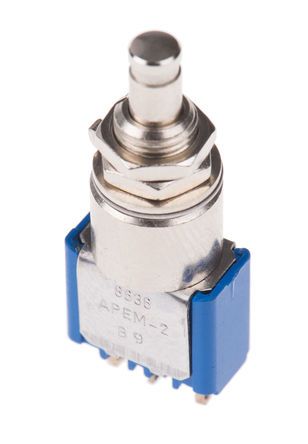 8636A, APEM Single Pole Double Throw (SPDT) Latching Miniature Push Button Switch, 6.5 (Dia.)mm, Panel Mount, 250V ac, Кнопочный переключатель