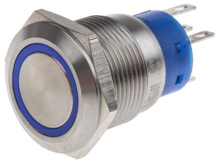 MPB19-A0F10E-724-JQ, RS PRO Single Pole Double Throw (SPDT) Momentary Blue LED Push Button Switch, IP67, 19.2 (Dia.)mm, Panel Mount, 250V ac, Кнопочный переключатель