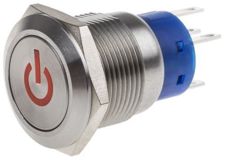 MPB19-D0F11P-324-JQ, RS PRO Single Pole Double Throw (SPDT) Latching Red LED Push Button Switch, IP67, 19 (Dia.)mm, Panel Mount, Power, Кнопочный переключатель