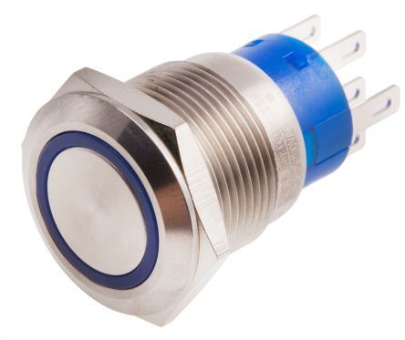 MPB19-A0F20E-712-JQ, RS PRO Double Pole Double Throw (DPDT) Momentary Blue LED Push Button Switch, IP67, 19.2 (Dia.)mm, Panel Mount, 250V ac, Кнопочный переключатель