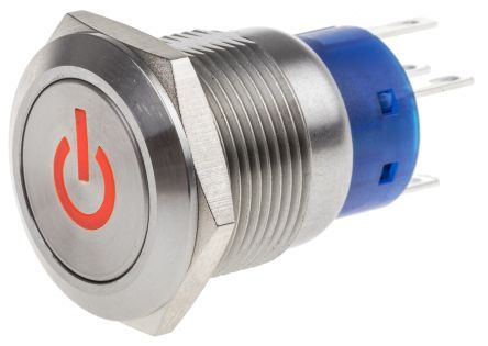 MPB19-D0F21P-312-JQ, RS PRO Double Pole Double Throw (DPDT) Latching Red LED Push Button Switch, IP67, 19 (Dia.)mm, Panel Mount, Power, Кнопочный переключатель