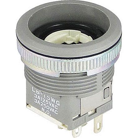 LB15WGW01, NKK Switches Single Pole Double Throw (SPDT) Momentary Push Button Switch, IP65, 22 (Dia.)mm, Snap-In, 30 V dc, 125 V, Кнопочный переключатель