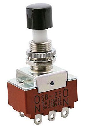 SB25, NKK Switches Double Pole Double Throw (DPDT) Latching Push Button Switch, 12.5 (Dia.)mm, Bushing, 125 V ac, 250 V ac, Кнопочный переключатель