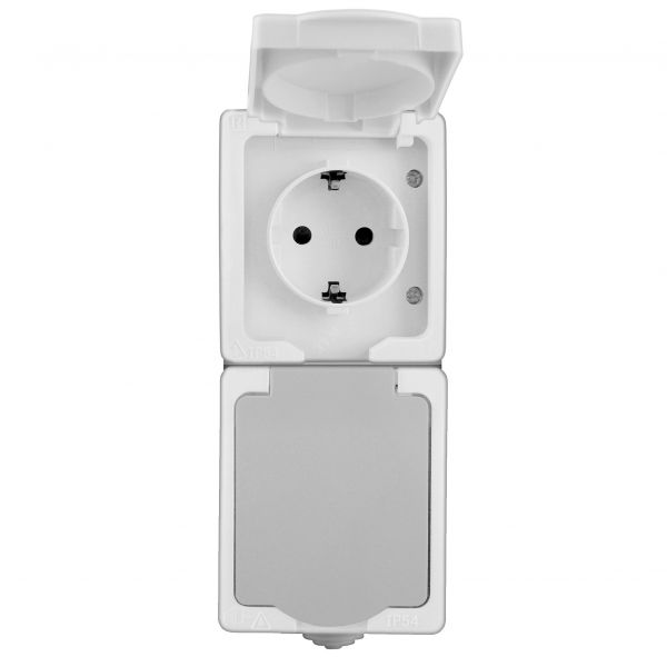Розетка Аллегро 2 вертикальных гнезда с заземлением с защитными шторками IP54 с крышкой серый
