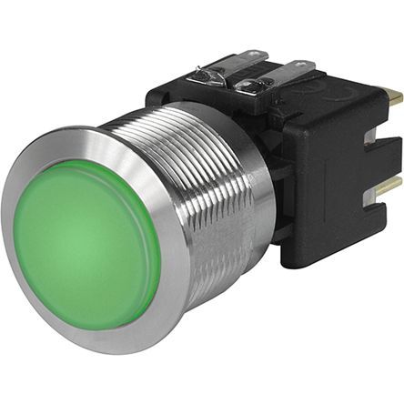 3-101-039, Schurter Double Pole Double Throw (DPDT) Latching Green LED Push Button Switch, IP40, IP64, 22.1 (Dia.)mm, Panel Mount,, Кнопочный переключатель