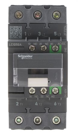 LC1D50ABNE, Schneider Electric 3 Pole Contactor - 50 A, 24 V ac/dc Coil, TeSys D Green, 3NO, 22 kW, Контактор