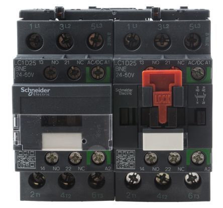 LC2D25BNE, Schneider Electric 3 Pole Reversing Reversing Contactor - 25 A, 24 V ac/dc Coil, TeSys D Green, 3NO, 11 kW, Контактор