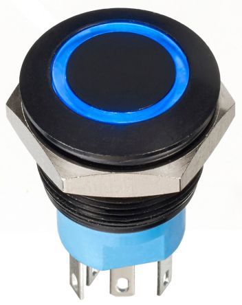 AV910220000870K, APEM Double Pole Double Throw (DPDT) Momentary Blue LED Push Button Switch, IP67, 19.2 (Dia.)mm, Panel Mount, 30V dc, Кнопочный переключатель