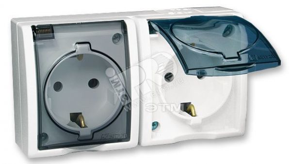 15 Aqua Розетка двойная 2Р+Е Schuko со шторками с крышкой полупр. IP54 16А 250В винт.зажим S15A белый