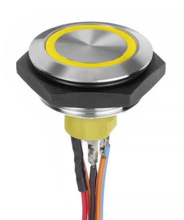 AV55122000074BK, APEM Single Pole Single Throw (SPST) Momentary Yellow LED Push Button Light Switch, IP67, 30.2 (Dia.)mm, Panel Mount,, Кнопочный переключатель