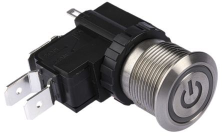 MW19-A0F1L124-A3ZA, RS PRO Single Pole Double Throw (SPDT) Maintained White LED Push Button Switch, IP67, 19.1 (Dia.)mm, Panel Mount, Power, Кнопочный переключатель