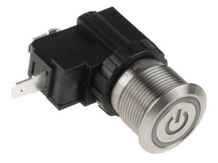 MW19-A0F1L00-A1DB, RS PRO Single Pole Single Throw (SPST) Latching Push Button Switch, IP67, 19.1 (Dia.)mm, Panel Mount, Power Symbol, 250, Кнопочный переключатель