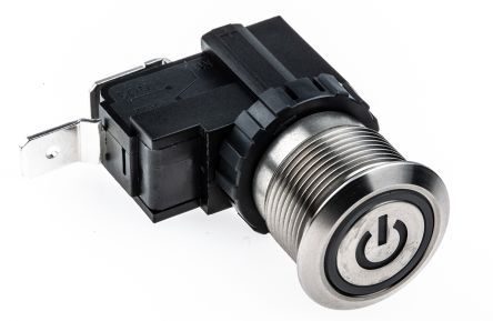 MW19-A0F0L00-A3TA, RS PRO Single Pole Single Throw (SPST) Momentary Push Button Switch, IP67, 19.1 (Dia.)mm, Panel Mount, Power Symbol,, Кнопочный переключатель