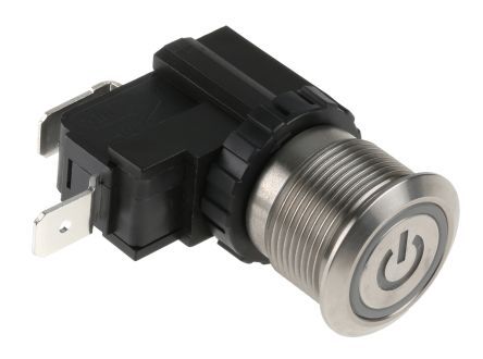 MW19-A0F0L00-A3DA, RS PRO Single Pole Single Throw (SPST) Momentary Push Button Switch, IP67, 19.1 (Dia.)mm, Panel Mount, Power Symbol,, Кнопочный переключатель