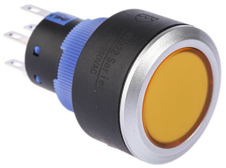 KPB22-8400-F20-524-JQ, RS PRO Double Pole Double Throw (DPDT) Momentary Yellow LED Push Button Switch, IP65, 22.2 (Dia.)mm, Panel Mount, 250V, Кнопочный переключатель