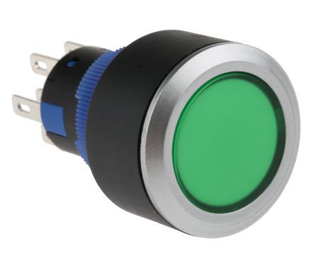 KPB22-8600-F21-624-JQ, RS PRO Double Pole Double Throw (DPDT) Green LED Push Button Switch, IP65, 22.2 (Dia.)mm, Panel Mount, 250V ac, Кнопочный переключатель