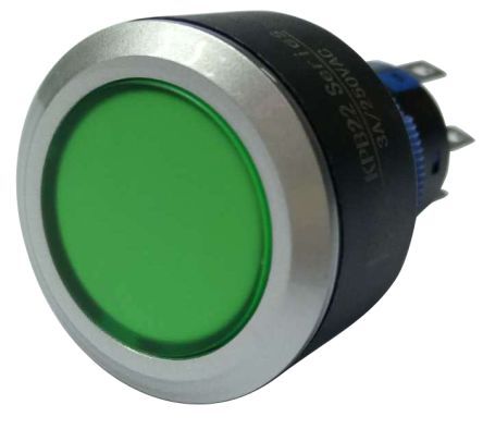 KPB22-8600-F21-6220-JQ, RS PRO Double Pole Double Throw (DPDT) Green LED Push Button Switch, IP65, 22.2 (Dia.)mm, Panel Mount, 250V ac, Кнопочный переключатель