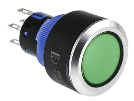 KPB22-8600-F20-6220-JQ, RS PRO Double Pole Double Throw (DPDT) Momentary Green LED Push Button Switch, IP65, 22.2 (Dia.)mm, Panel Mount, 250V ac, Кнопочный переключатель