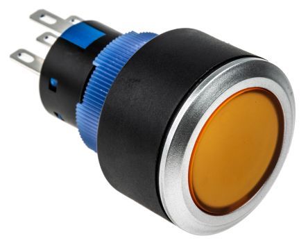 KPB22-8400-F11-5220-JQ, RS PRO Single Pole Double Throw (SPDT) Yellow LED Push Button Switch, IP65, 22.2 (Dia.)mm, Panel Mount, 250V ac, Кнопочный переключатель