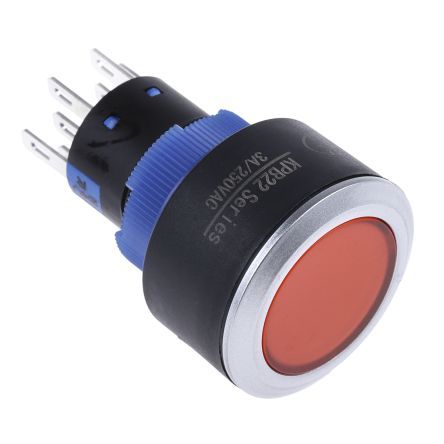 KPB22-8300-F21-324-JQ, RS PRO Double Pole Double Throw (DPDT) Red LED Push Button Switch, IP65, 22.2 (Dia.)mm, Panel Mount, 250V ac, Кнопочный переключатель