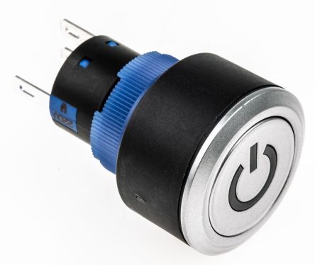 KPB22-88P1-F11-1220-JQ, RS PRO Single Pole Double Throw (SPDT) White LED Push Button Switch, IP65, 22.2 (Dia.)mm, Panel Mount, Power Symbol,, Кнопочный переключатель