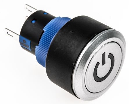 KPB22-88P1-F10-6220-JQ, RS PRO Single Pole Double Throw (SPDT) Momentary Green LED Push Button Switch, IP65, 22.2 (Dia.)mm, Panel Mount, Power, Кнопочный переключатель