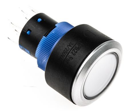 KPB22-8000-F20-724-JQ, RS PRO Double Pole Double Throw (DPDT) Momentary Blue LED Push Button Switch, IP65, 22.2 (Dia.)mm, Panel Mount, 250V ac, Кнопочный переключатель