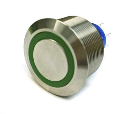 MPB25-A0F20E2-624-JQ, RS PRO Double Pole Double Throw (DPDT) Momentary Green LED Push Button Switch, IP67, 25.2 (Dia.)mm, Panel Mount, 250V ac, Кнопочный переключатель