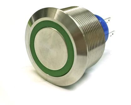 MPB25-A0F10E2-624-JQ, RS PRO Single Pole Double Throw (SPDT) Momentary Green LED Push Button Switch, IP67, 25.2 (Dia.)mm, Panel Mount, 250V ac, Кнопочный переключатель