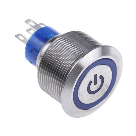 MPB25-D0F11E3-724-JQ, RS PRO Single Pole Double Throw (SPDT) Blue LED Push Button Switch, IP67, 25.2 (Dia.)mm, Panel Mount, Power Symbol,, Кнопочный переключатель