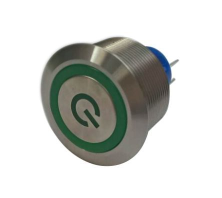 MPB25-D0F10E3-624-JQ, RS PRO Single Pole Double Throw (SPDT) Momentary Green LED Push Button Switch, IP67, 25.2 (Dia.)mm, Panel Mount, Power, Кнопочный переключатель