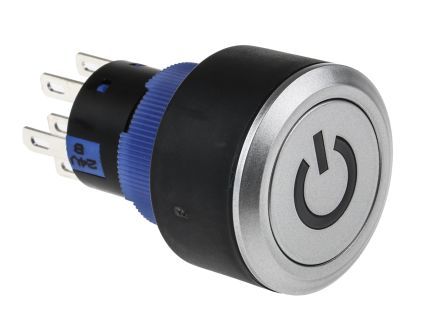 KPB22-88P1-F20-724-JQ, RS PRO Double Pole Double Throw (DPDT) Momentary Blue LED Push Button Switch, IP65, 22.2 (Dia.)mm, Panel Mount, Power, Кнопочный переключатель