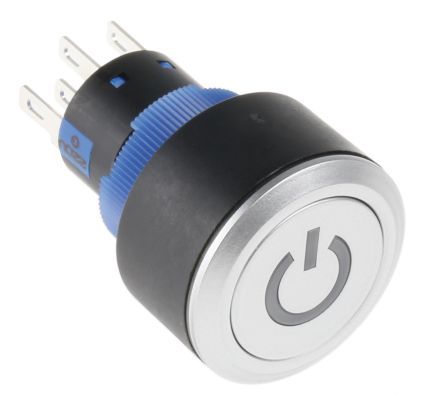 KPB22-88P1-F21-6220-JQ, RS PRO Double Pole Double Throw (DPDT) Green LED Push Button Switch, IP65, 22.2 (Dia.)mm, Panel Mount, Power Symbol,, Кнопочный переключатель