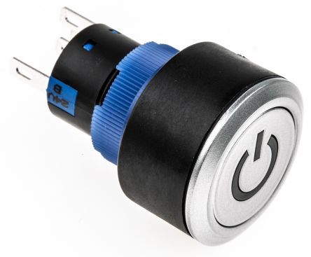 KPB22-88P1-F11-724-JQ, RS PRO Single Pole Double Throw (SPDT) Blue LED Push Button Switch, IP65, 22.2 (Dia.)mm, Panel Mount, Power Symbol,, Кнопочный переключатель