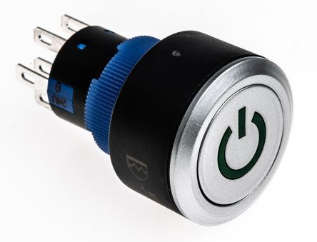 KPB22-88P6-F21-624-JQ, RS PRO Double Pole Double Throw (DPDT) Green LED Push Button Switch, IP65, 22.2 (Dia.)mm, Panel Mount, Power Symbol,, Кнопочный переключатель