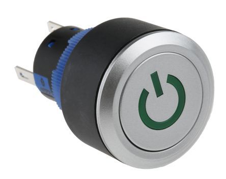 KPB22-88P6-F11-6220-JQ, RS PRO Single Pole Double Throw (SPDT) Green LED Push Button Switch, IP65, 22.2 (Dia.)mm, Panel Mount, Power Symbol,, Кнопочный переключатель