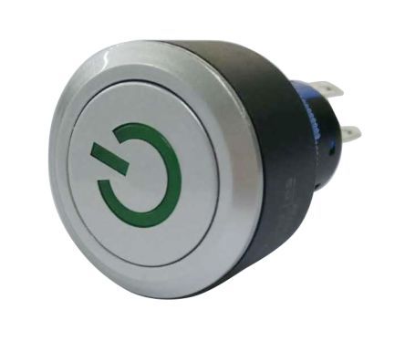 KPB22-88P6-F10-624-JQ, RS PRO Single Pole Double Throw (SPDT) Momentary Green LED Push Button Switch, IP65, 22.2 (Dia.)mm, Panel Mount, Power, Кнопочный переключатель