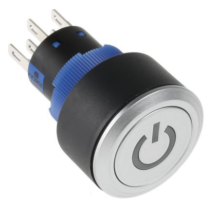 KPB22-88P1-F21-7220-JQ, RS PRO Double Pole Double Throw (DPDT) Blue LED Push Button Switch, IP65, 22.2 (Dia.)mm, Panel Mount, Power Symbol,, Кнопочный переключатель