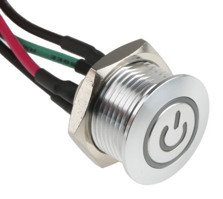 MPB16-CARP-1-T1R-0V, RS PRO Single Pole Single Throw (SPST) Momentary White LED Push Button Switch, IP67, 16 (Dia.)mm, Panel Mount, Power, Кнопочный переключатель