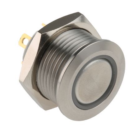 MPB16-A2FE-1-JR-0V, RS PRO Single Pole Single Throw (SPST) Momentary White LED Push Button Switch, IP67, 16 (Dia.)mm, Panel Mount, 36V dc, Кнопочный переключатель