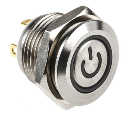 MPB16-A2FP-6-JR-0V, RS PRO Single Pole Single Throw (SPST) Momentary Green LED Push Button Switch, IP67, 16 (Dia.)mm, Panel Mount, Power, Кнопочный переключатель