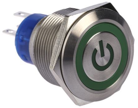 MPB22-D0F11E3-624-JQ, RS PRO Single Pole Double Throw (SPDT) Green LED Push Button Switch, IP67, 22.2 (Dia.)mm, Panel Mount, Power Symbol,, Кнопочный переключатель