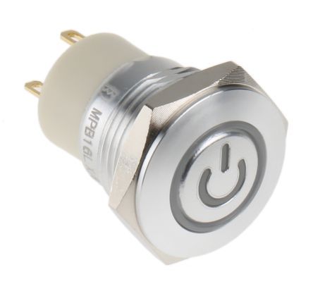 MPB16L-CARP-07-JR-12V, RS PRO Single Pole Single Throw (SPST) Momentary Blue LED Push Button Switch, IP67, 16 (Dia.)mm, Panel Mount, Power, Кнопочный переключатель