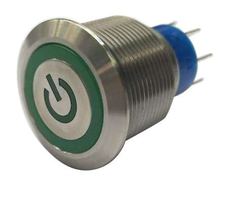 MPB22-D0F21E3-624-JQ, RS PRO Double Pole Double Throw (DPDT) Green LED Push Button Switch, IP67, 22.2 (Dia.)mm, Panel Mount, Power Symbol,, Кнопочный переключатель