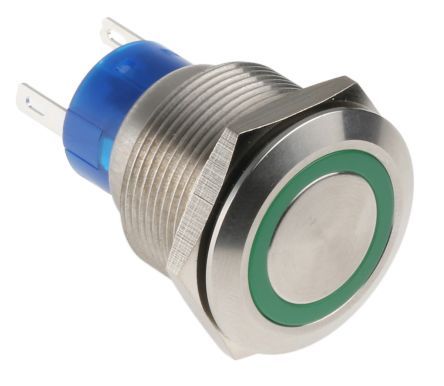 MPB22-A0F10E2-624-JQ, RS PRO Single Pole Double Throw (SPDT) Momentary Green LED Push Button Switch, IP67, 22.2 (Dia.)mm, Panel Mount, 250V ac, Кнопочный переключатель